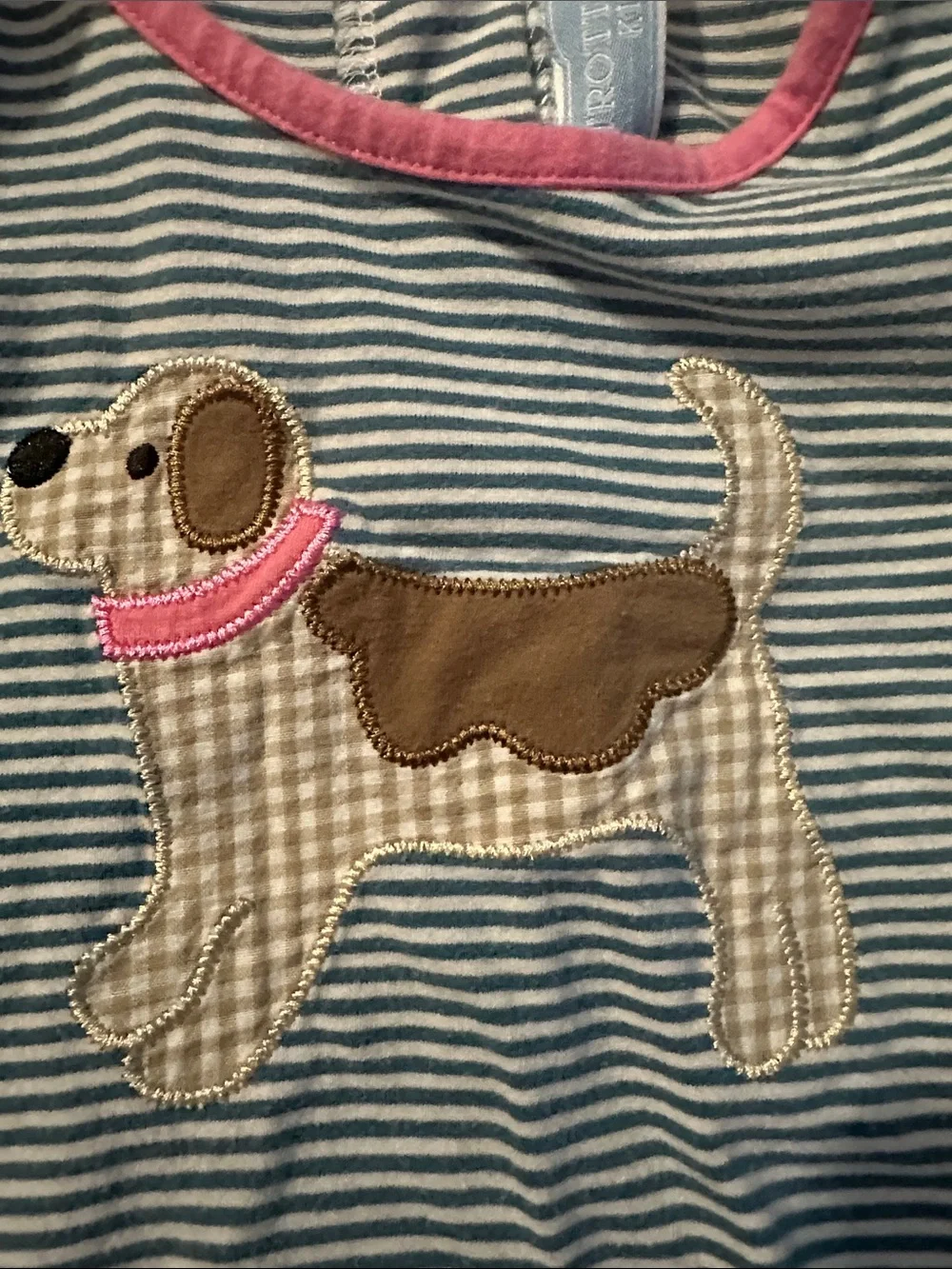 Blue & White Striped Baby one piece with Pink Trim and Puppy Applique